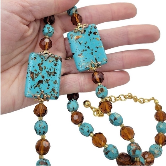 Vintage Joan Rivers Blue Turquoise & Smoky Topaz Gold Necklace - Picture 8 of 10
